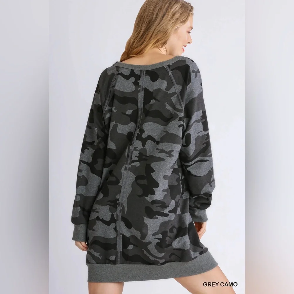 Umgee French Terry Camo Print Raw Edged Dress - Picture 5 of 5